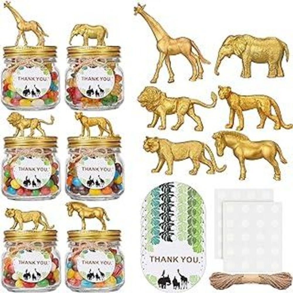 Arrowbash 38 Pcs Gold Safari‎ Animal Party Favor Kit 4oz Glass Jars Twine DIY